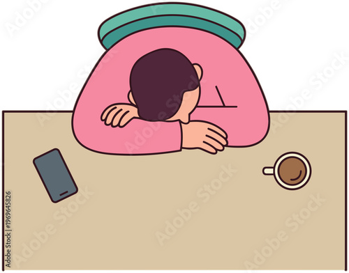 Woman lies on table with phone and coffee nearby indoors