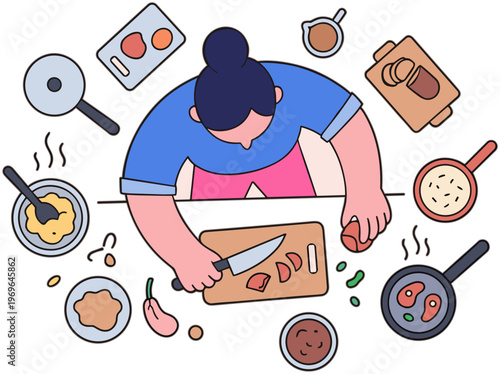 Woman cooking food on countertop with various kitchen utensils and ingredients around her