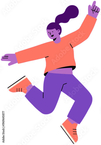 A woman jumps high with joyful expression in a colorful illustration scene.