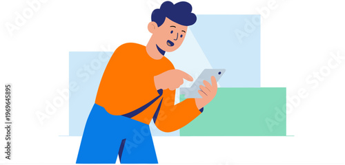 Man playing video game on console in modern living room with blue walls