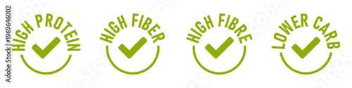 High Protein Fibre Fiber Lower Carb Green Round Package Info Label Badge Stamp Sign with Checkmark Symbol Icon Set. Vector Image.