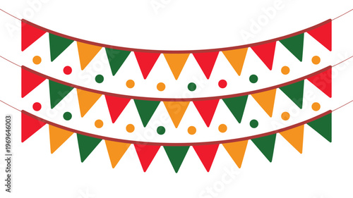 Colorful bunting flags in red, green, and orange adorning three festive rows with polka dots