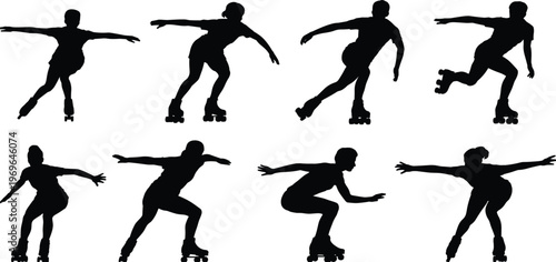 Eight black silhouettes of people rollerblading in various dynamic poses on white background person skate