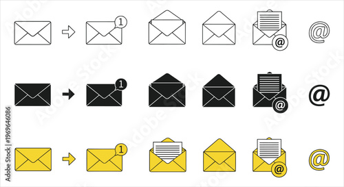 Email icons and symbols in various colors and styles