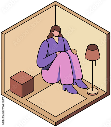 Woman sits alone in cozy hexagon room with lamp and cube