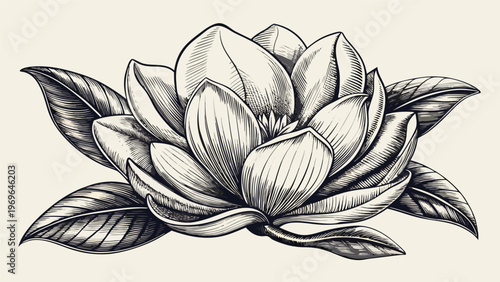 Detailed black and white sketch of a large flower with leaves on a light background