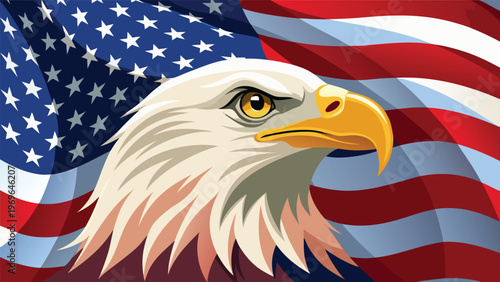 Bald eagle symbolizes freedom near American flag during sunny day in outdoor setting