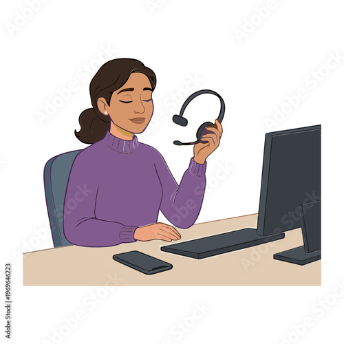 A woman sits at a desk with a computer and holds a headset.