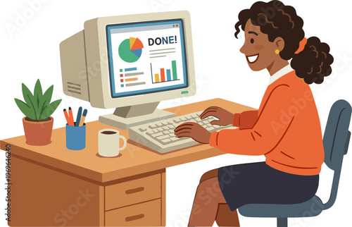 Woman sitting at a desk working on a computer with a graph on the screen