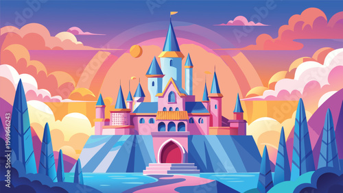 Colorful castle stands on a hill under a sunset sky with clouds and trees in the background