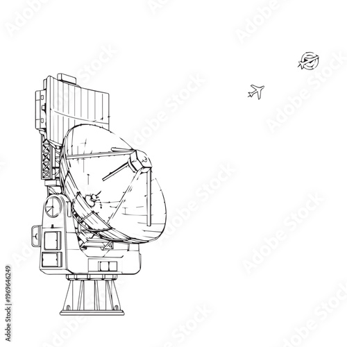 Line drawing of a space spacecraft and satellite in technical illustration style.