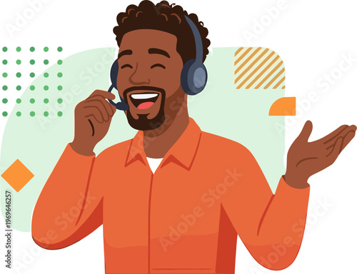 A man wearing a headset smiling and talking on the phone in an office