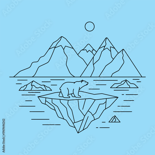 Minimal line of polar bear on iceberg with mountains and sun line minimal blue background