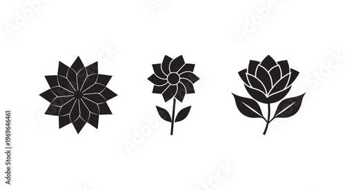 Black flower icons with white lines on white background  simple floral designs