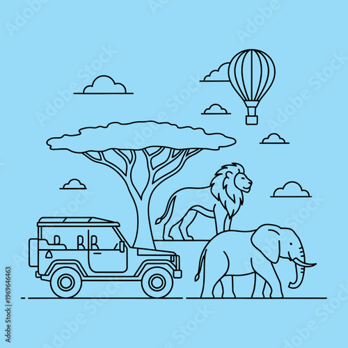 Minimal line of safari vehicle lion elephant and hot air balloon line minimal safari