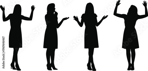 Four Female Silhouettes Posed With Arms Raised and Outstretched On White Background woman posing