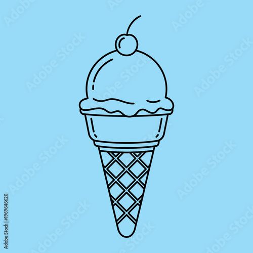Minimal line of single blue ice cream cone line minimal blue background single scoop cherry on black lines