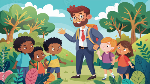 Teacher interacts with students in a park during a school field trip in the daytime