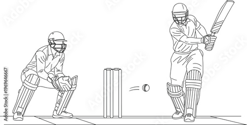 Cricket players action vector illustration featuring batsman and wicketkeeper in match scene line art sports concept isolated