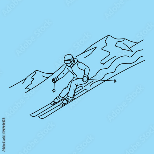 Minimal line of skier in motion on blue background with mountains line minimal skier skiing black lines