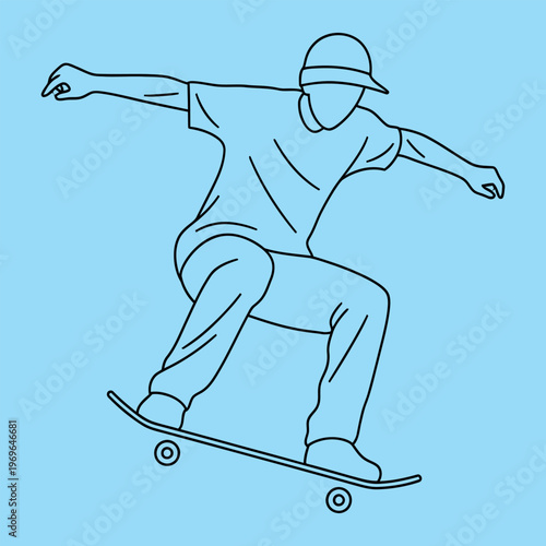 Minimal line of skateboarder in action on blue background line minimal skateboarder black lines