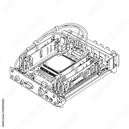 Open hardware computer motherboard chassis with connectors and circuitry.
