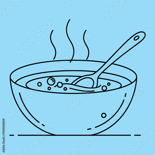 Minimal line of steaming bowl of soup with spoon line minimal black lines