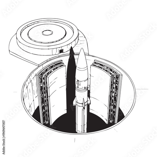Vertical rocket on a launch silo surrounded by gantries, ready for launch.