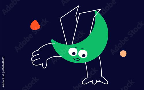 Geometric figure face made in a crescent green shape with arms and tiny legs.