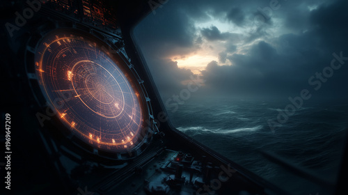 Radar screen inside vessel with stormy ocean visible outside. AI-generated.