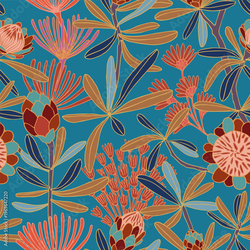 Dark turquoise and shades of brown. Hand-drawn floral pattern.