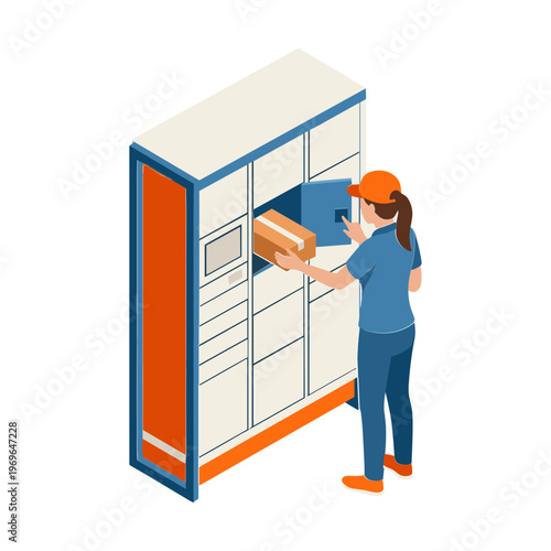 Delivery person placing package in automated locker compartment indoors