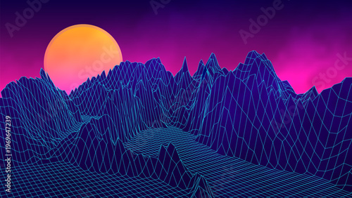A digital background in a futuristic style. Mountain landscape against the setting sun. Summer landscape. EPS 10