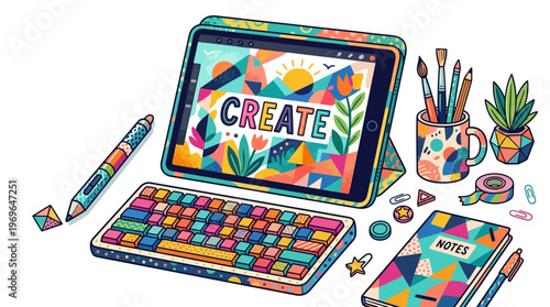 Colorful Tablet and Creative Stationery.