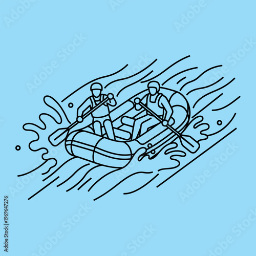 Minimal line of two people rowing an inflatable boat on water line minimal inflatable boat oars