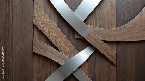 Abstract wall art features wood panels, metal ribbons. Intersecting lines create dynamic texture, modern design aesthetic. Warm tones dominate composition.