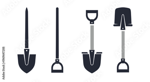 Four different types of shovels displayed in a simple graphic style