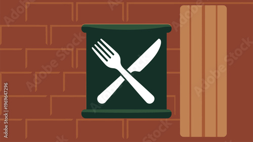 Crossed fork and knife symbol on restaurant sign against rustic brick wall