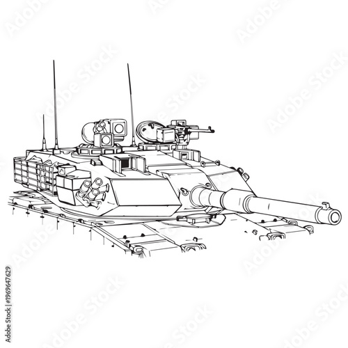 Line drawing of a modern battle tank with turret and heavy armament.
