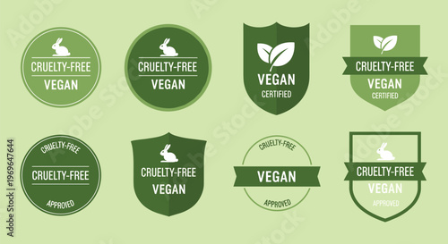 A collection of eight circular and shield shaped cruelty free and vegan certification badges in varying shades of green high quality professional detailed