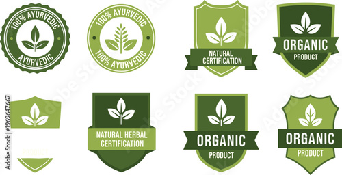A collection of various green and white badges and labels promoting ayurvedic organic and natural product certifications high quality professional detailed modern elegant