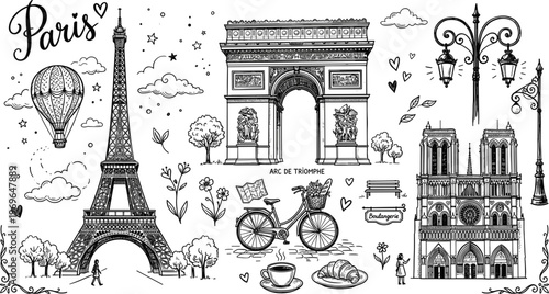 Detailed Paris landmark doodle set featuring Eiffel Tower Arc de Triomphe Notre Dame and French culture sketch elements