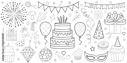 A festive collection of hand drawn party decorations and celebratory elements
