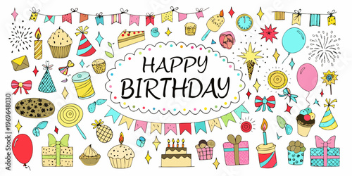 Colorful birthday illustration featuring cake balloons and festive decorations