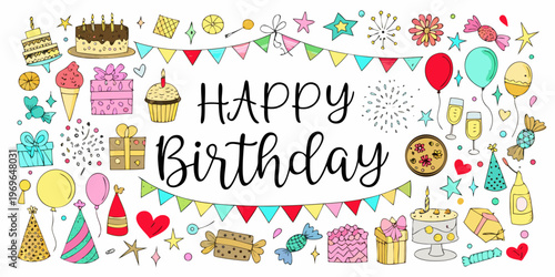 Colorful hand drawn illustration celebrating a happy birthday with festive elements