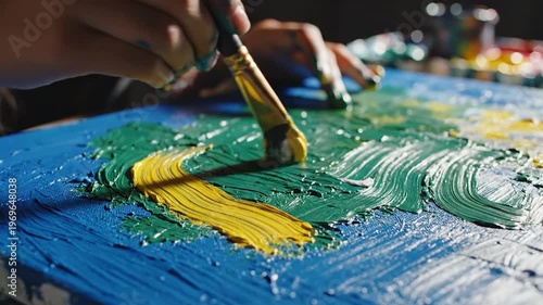 Close up hand painting vibrant colors on canvas with brush strokes