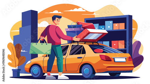 Man loads shopping bags into car parked near urban store during sunny day in city