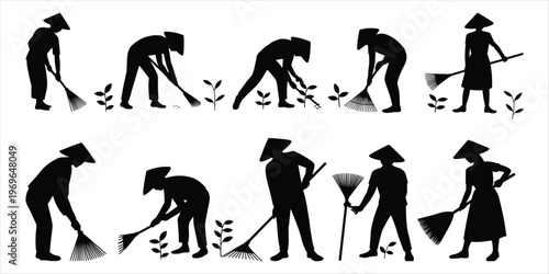 Silhouettes of Farmers with Conical Hats Raking and Planting in Fields vector illustration