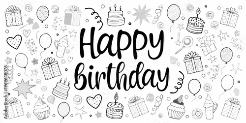 Happy birthday illustration with festive gifts balloons and cake doodles