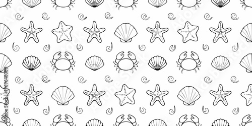 Black and white seamless pattern featuring seashells starfish and crabs